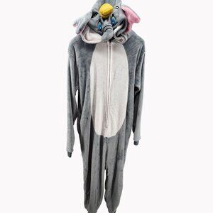Adult XL Elephant Hooded One piece Costume Pajama Full Zip Soft Plush Gray Pink